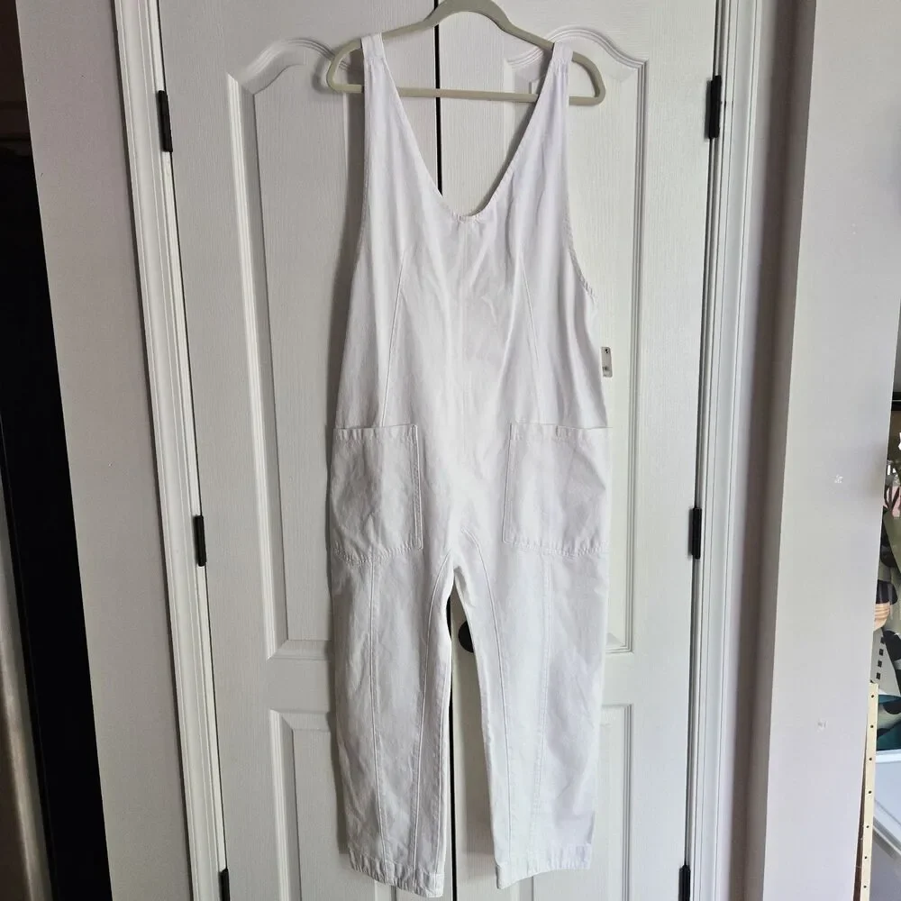NWT Free People High  Roller Denim Jumpsuit Overalls Optic White Women's Large - Picture 2 of 7